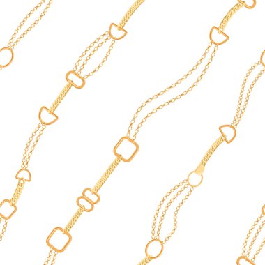 Altın Bileklikler moda dikişsiz desen. Altın zincir ile kumaş arka plan. Lüks tasarım takı öğeleri ile Tekstil için duvar kağıdı. Vektör çizim