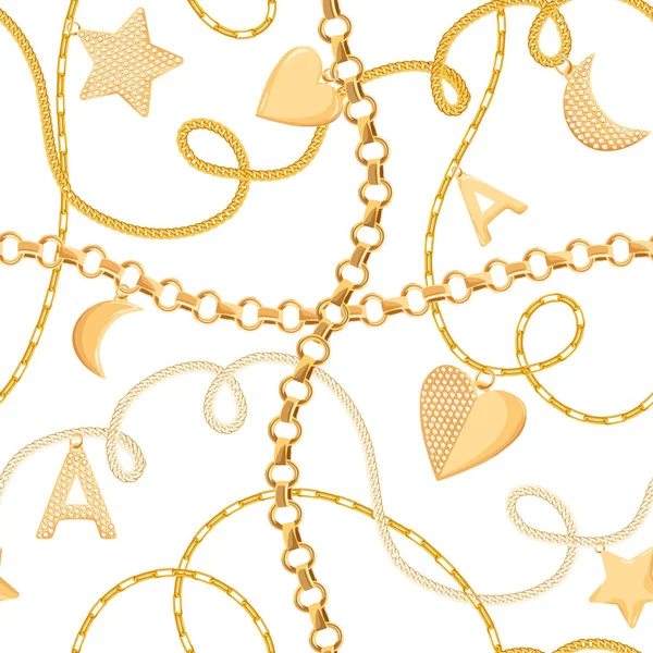 Goldene Ketten und Charms nahtlose Muster. modischen Stoffhintergrund mit Gold, Edelsteinen und Schmuckelementen für Tapeten, Druck. Vektorillustration — Stockvektor