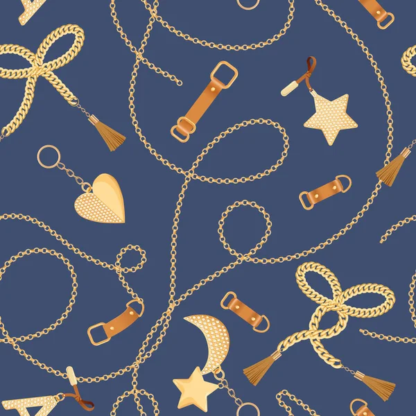 Gouden kettingen, bandjes en bedels met diamanten naadloze patroon. Mode Fabric achtergrond met goud, edelstenen en sieraden elementen voor Wallpapers, afdrukken. Vectorillustratie — Stockvector