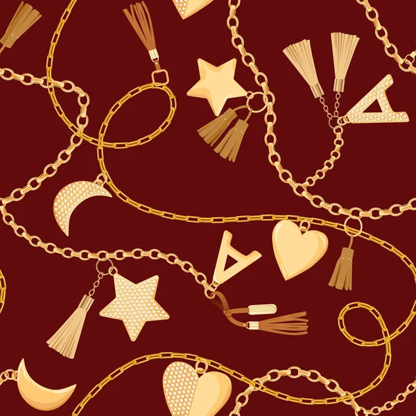 Zlaté řetězy, popruhy a přívěsky s diamanty Bezešvé Pattern. Módní látky pozadí s zlatem, drahokamy a šperky prvky pro textilní tisk. Vektorové ilustrace — Stockový vektor