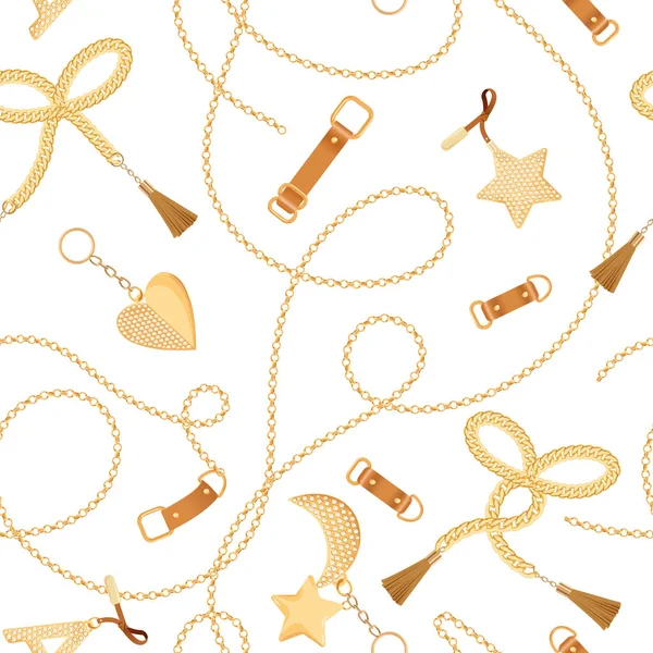 Golden Chains, Straps and Charms with Diamonds Seamless Pattern. Fashion Fabric Background with Gold, Gemstones and Jewelry Elements for Wallpapers, Print. Vector illustration — Stock Vector