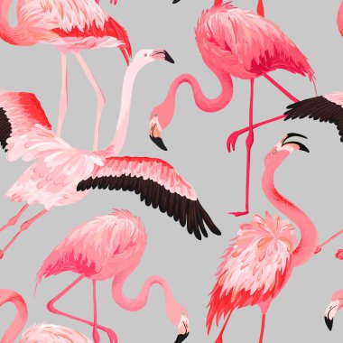 Tropikal Flamingo sorunsuz vektör yaz desen. Egzotik pembe kuş arka plan duvar kağıtları, web sayfası, doku, tekstil.