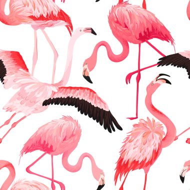 Tropikal Flamingo sorunsuz vektör yaz desen. Egzotik pembe kuş arka plan duvar kağıtları, web sayfası, doku, Tekstil için. Doğa Yaban Hayatı Fauna tasarım