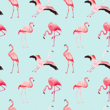 Tropikal Flamingo sorunsuz vektör yaz desen. Egzotik pembe kuş arka plan duvar kağıtları, web sayfası, doku, Tekstil için. Doğa Yaban Hayatı Fauna tasarım