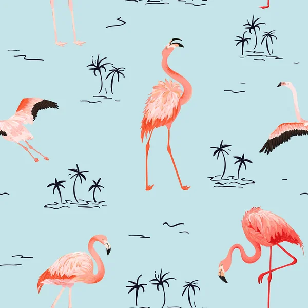 Trópusi flamingó folytonos vector nyári minta trópusi pálmafákkal. Madár háttér tapéta, web-oldal, textúra, textil. — Stock Vector