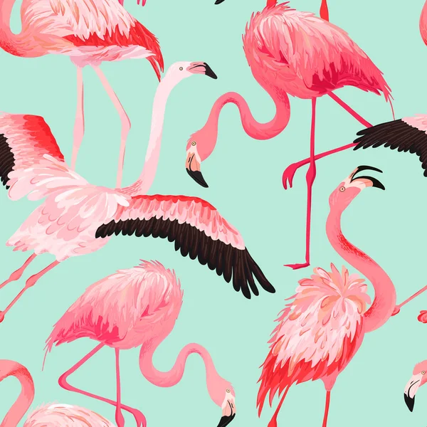熱帯のフラミンゴのシームレスなベクトル夏パターン。エキゾチックなピンクの鳥背景壁紙、web ページ、テクスチャー、織物. — ストックベクタ
