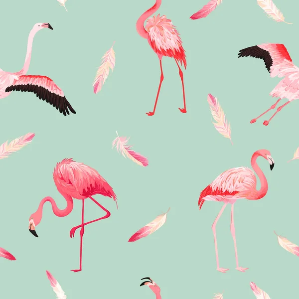 Tropical Flamingo seamless vector summer pattern with pink feathers. Exotic Pink Bird background for wallpapers, web page, texture, textile. Animal Wildlife Design — Stock Vector