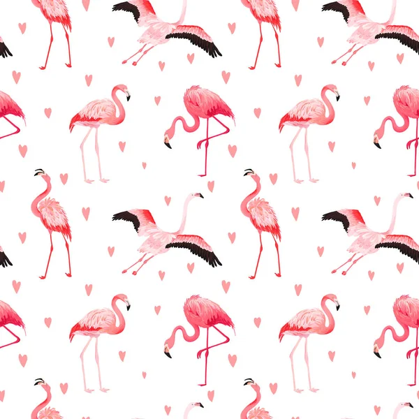 Tropical Flamingo motif d'été vectoriel sans couture avec des coeurs. Fond d'écran exotique Pink Bird pour fonds d'écran, page web, texture, textile. Conception de faune animale — Image vectorielle