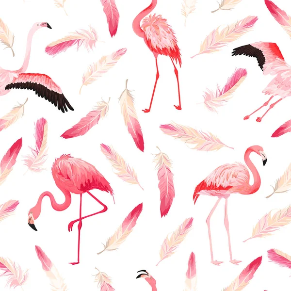 热带火烈鸟无缝向量夏天样式与粉红色羽毛。异国情调的粉红鸟背景的壁纸, 网页, 纹理, 纺织品。野生动物设计 — 图库矢量图片
