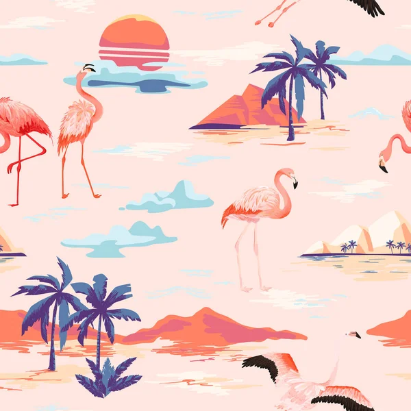 Isla Tropical y Flamingo patrón de verano vector sin costura con palmeras tropicales. Fondo vintage para fondos de pantalla, página web, textura, textil . — Archivo Imágenes Vectoriales