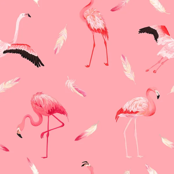 Tropical Flamingo seamless vector summer pattern with pink feathers. Exotic Pink Bird background for wallpapers, web page, texture, textile. Animal Wildlife Design — Stock Vector