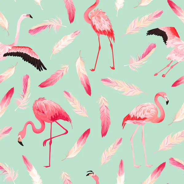 Tropical Flamingo motif d'été vectoriel sans couture avec des plumes roses. Fond d'écran exotique Pink Bird pour fonds d'écran, page web, texture, textile. Conception de faune animale — Image vectorielle