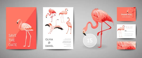 Conjunto de Tropical retro casamento convite cartão, moderno Save the Date, modelo de design de flamingo pássaro ilustração. Capa da moda vetorial, cartaz gráfico pastel, brochura — Vetor de Stock
