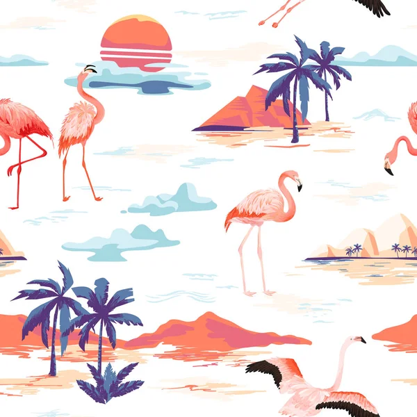 Tropikal Ada Flamingo Sorunsuz Vektör Yaz Desen Tropic Palmiye Ağaçları — Stok Vektör