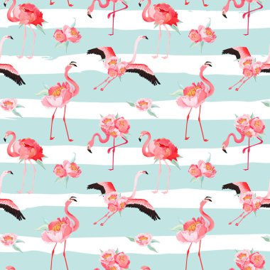 Tropikal Flamingo sorunsuz vektör yaz desen şakayık çiçekleri ile. Çiçek ve kuş arka plan duvar kağıtları, web sayfası, doku, tekstil, zemin için