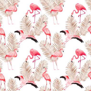 Tropikal Flamingo sorunsuz vektör yaz desen Altın Palmiye yaprakları ile. Kuş ve Floral arka plan duvar kağıtları, web sayfası, doku, tekstil