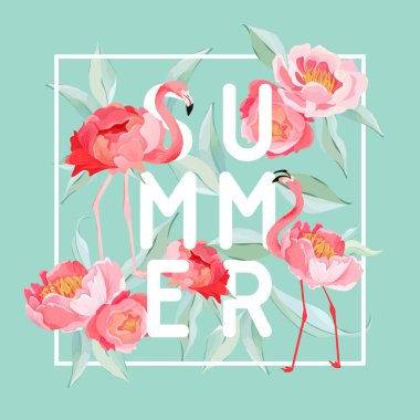 Tropikal Flamingo vektör yaz el ilanı, afiş şakayık çiçekleri arka plan ile. Çiçek ve kuş grafik duvar kağıdı, web sayfası, zemin için