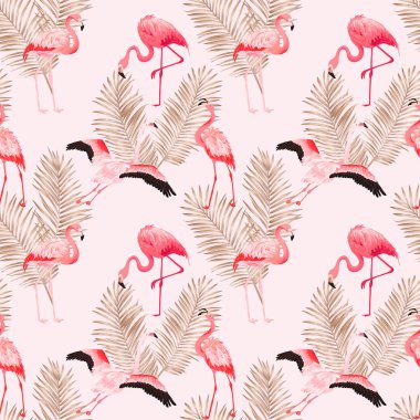Tropikal Flamingo sorunsuz vektör yaz desen Altın Palmiye yaprakları ile. Kuş ve Floral arka plan duvar kağıtları, web sayfası, doku, tekstil