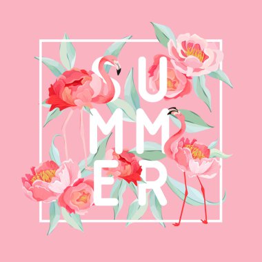 Tropikal Flamingo vektör yaz el ilanı, afiş şakayık çiçekleri arka plan ile. Çiçek ve kuş grafik duvar kağıdı, web sayfası, zemin için