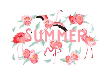 Tropikal Flamingo vektör yaz el ilanı, afiş şakayık çiçekleri arka plan ile. Çiçek ve kuş grafik duvar kağıdı, web sayfası, zemin için