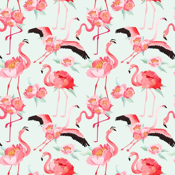 Tropical Flamingo patrón de verano vector sin costuras con flores de peonía. Fondo floral y pájaro para fondos de pantalla, página web, textura, textil, telón de fondo — Archivo Imágenes Vectoriales