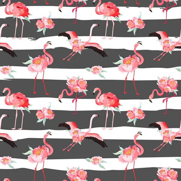 Tropical Flamingo patrón de verano vector sin costuras con flores de peonía. Fondo floral y pájaro para fondos de pantalla, página web, textura, textil, telón de fondo — Archivo Imágenes Vectoriales