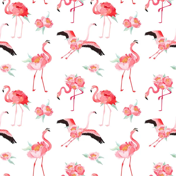 Tropikal Flamingo sorunsuz vektör yaz desen şakayık çiçekleri ile. Çiçek ve kuş arka plan duvar kağıtları, web sayfası, doku, tekstil, zemin için — Stok Vektör