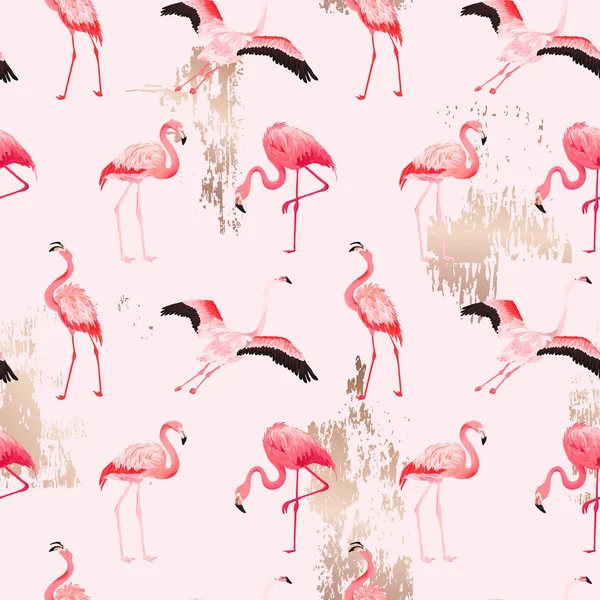 Tropis Flamingo pola vektor musim panas mulus dengan noda emas. Latar belakang burung untuk wallpaper, halaman web, tekstur, tekstil - Stok Vektor