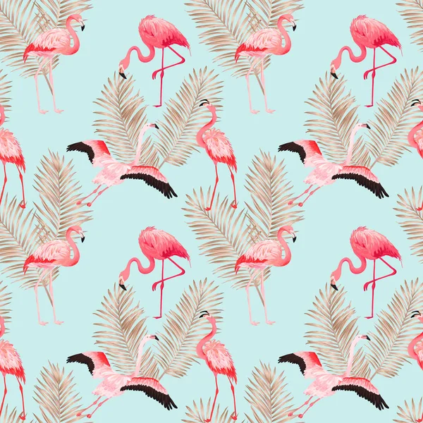 Flamingo tropical padrão de verão vetor sem costura com folhas de palma dourada. Pássaro e fundo floral para papéis de parede, página da web, textura, têxtil — Vetor de Stock
