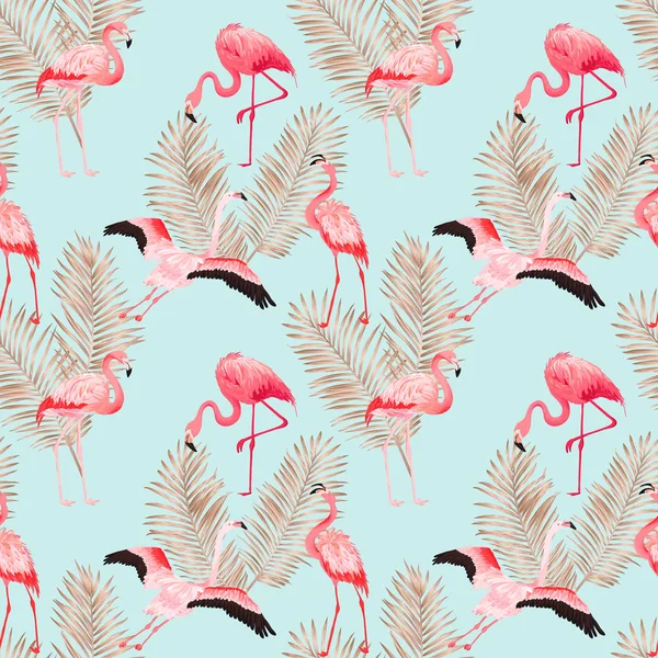 Tropis Flamingo pola vektor musim panas mulus dengan daun palem emas. Latar belakang burung dan bunga wallpaper, halaman web, tekstur, tekstil - Stok Vektor