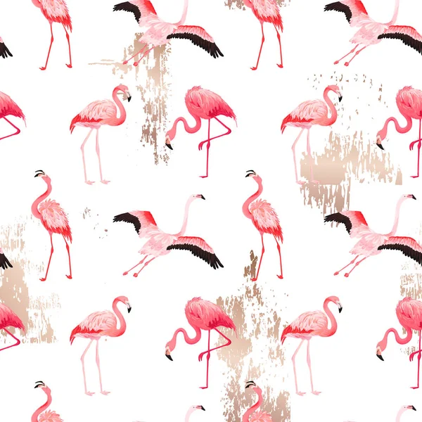 Tropical Flamingo seamless vector summer pattern with golden stains. Bird background for wallpapers, web page, texture, textile — Stock Vector