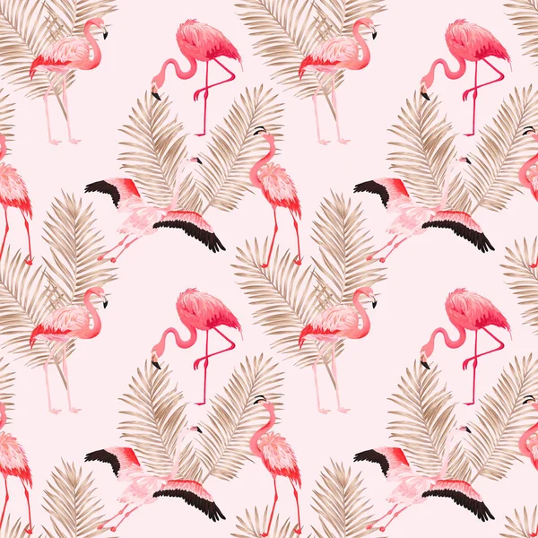 Trópusi flamingó folytonos vector nyári mintával Arany Pálma levelek. Madár és virágos háttér tapéta, web-oldal, textúra, textil — Stock Vector