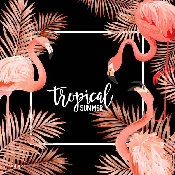 Pássaros Flamingo tropicais e palma dourada deixa bandeira de verão, fundo gráfico, convite floral exótico, panfleto ou cartão. Página frontal moderna em Vector — Vetor de Stock