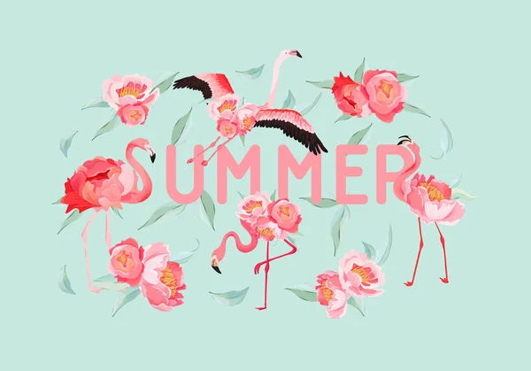 Tropische Flamingo vector zomer flyer, banner met pioenroos bloemen achtergrond. Floral en grafische vogel voor behang, webpagina's, achtergrond — Stockvector