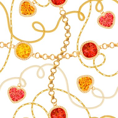 Altın zincirler ve değerli taşlar Seamless modeli. Mücevher zümrüt, altın kolye, değerli taşlar ve elmas moda desen kumaş Tekstil için. Vektör çizim