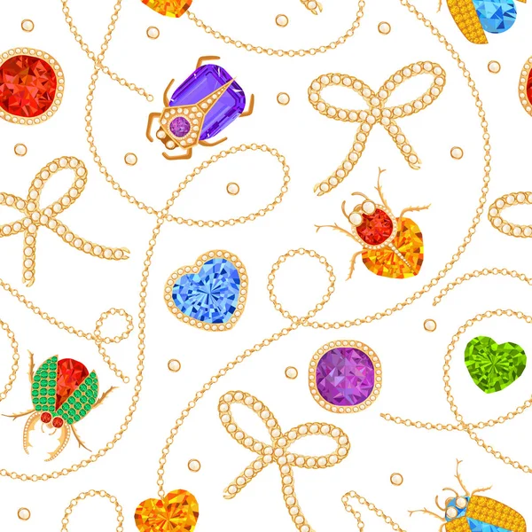 Cadenas de oro y broche con piedras preciosas patrón sin costura. Joyería Esmeraldas, Accesorios de Oro, Gemas y Diamantes Patrón de Moda para Tejido Textil. Ilustración vectorial — Archivo Imágenes Vectoriales