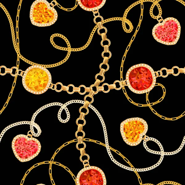 Gouden kettingen en edelstenen naadloze patroon. Sieraden diamanten, gouden hangers, edelstenen en diamanten Fashion patroon voor Fabric-Textiel. Vectorillustratie — Stockvector