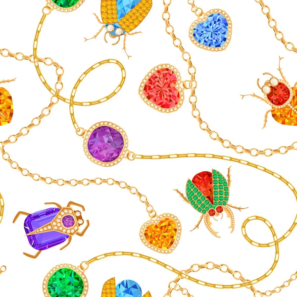 Cadenas de oro y broche con piedras preciosas patrón sin costura. Joyería Esmeraldas, Accesorios de Oro, Gemas y Diamantes Patrón de Moda para Tejido Textil. Ilustración vectorial — Archivo Imágenes Vectoriales