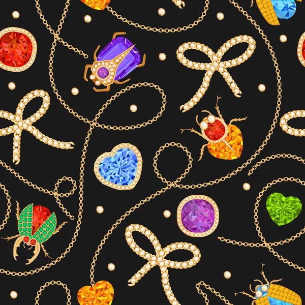 Chaînes dorées et broche avec motif sans couture pierres précieuses. Bijoux émeraudes, accessoires en or, gemmes et diamants Motif de mode pour tissu textile. Illustration vectorielle — Image vectorielle