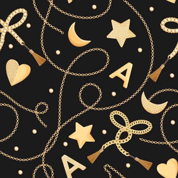 Goldene Ketten und Juwelen mit Diamanten nahtlosen Muster. Modehintergrund mit Goldkette, Schmuckaccessoires und Edelsteinen für Textilien, Stoffdruck. Vektorillustration — Stockvektor