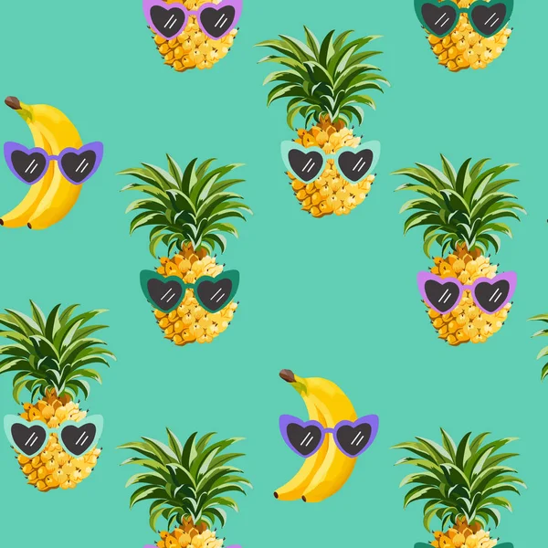 Ananász, banán vicces szemüveg varrat nélküli mintát a nyomtatás, a divat nyári textúra, tapéta, grafikai tervezés, háttérben trópusi gyümölcs illusztráció vektor — Stock Vector