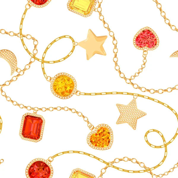 Zlaté řetězy a drahokamy bezešvé vzor. Smaragdy šperky, zlaté doplňky, drahokamy a diamanty módní vzor pro textilní tkaniny. Vektorové ilustrace — Stockový vektor