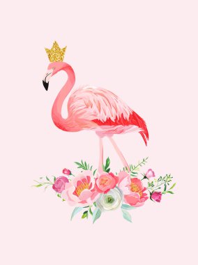 Güzel Flamingo illüstrasyon vektör Poster Baskı, Bebek selamlar, davet, çocuk mağaza el ilanı, broşür, kitap kapağı için bebek adı için yer ile