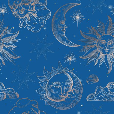 Güneş ve ay Vintage Seamless modeli. Oryantal tarzda yıldız ve göksel astrolojik semboller kumaş, duvar kağıdı, dekorasyon için arka plan. Vektör çizim