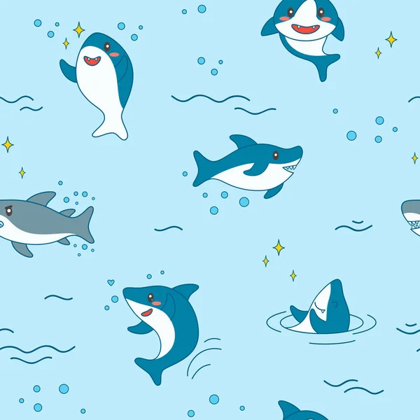 Padrão sem costura de tubarão Kawaii. Tubarões engraçados bonitos Fundo náutico com criaturas marinhas e vida marinha para papel de parede, decoração. Ilustração vetorial — Vetor de Stock