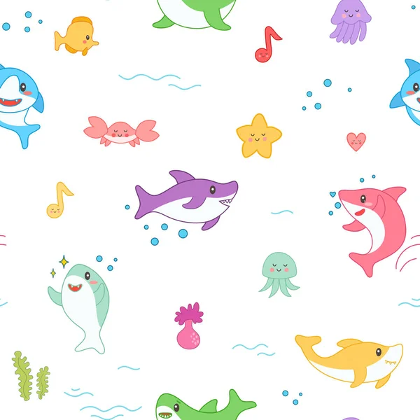 Kawaii köpekbalığı Seamless modeli. Deniz yaratıkları ve duvar kağıdı, dekorasyon için deniz yaşamı ile şirin komik balık deniz arka plan. Vektör çizim — Stok Vektör