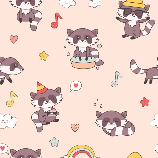 Kawaii Raccoon padrão sem costura. Animais bonitos fundo para crianças de berçário Design, Papel de parede, Tecido. Guaxinins Desenhos animados. Ilustração vetorial —  Vetores de Stock