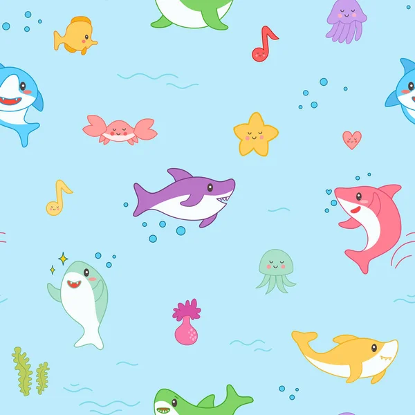 Kawaii köpekbalığı Seamless modeli. Deniz yaratıkları ve duvar kağıdı, dekorasyon için deniz yaşamı ile şirin komik balık deniz arka plan. Vektör çizim — Stok Vektör