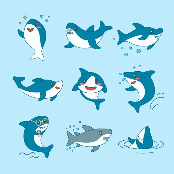 Coleção de tubarões Kawaii. Conjunto de personagens de desenhos animados de peixe bonito engraçado para criança de berçário Design, Decoração. Patches de criaturas marinhas, distintivos. Ilustração vetorial —  Vetores de Stock