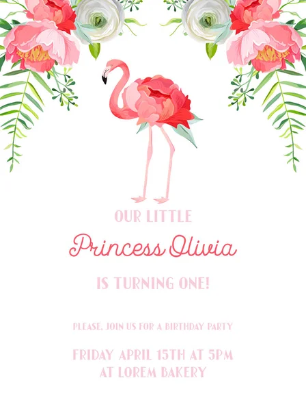 Uitnodiging baby verjaardagskaart met illustratie van prachtige Flamingo en bloemen, aankomst aankondiging, groeten in vector — Stockvector
